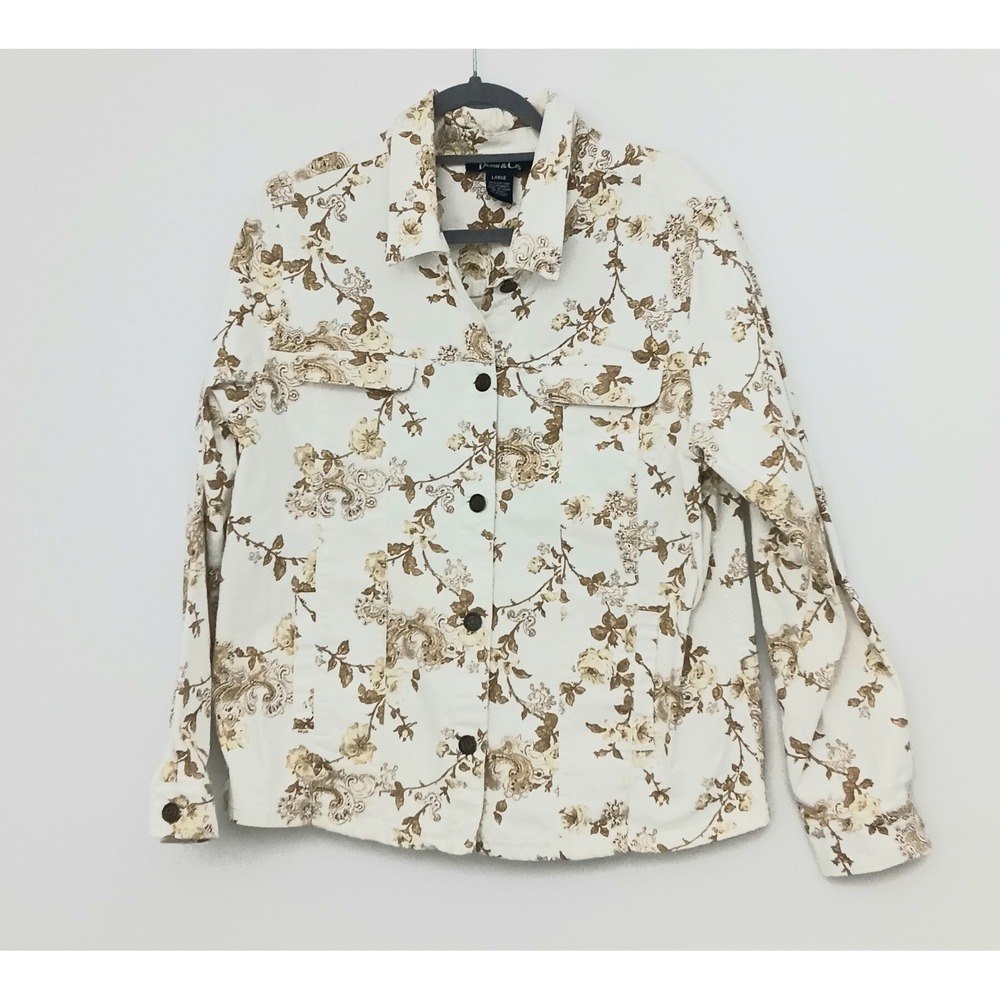 Denim & Co Jean Jacket Womens Size L White & Gold Floral Design Button Pre-owned
